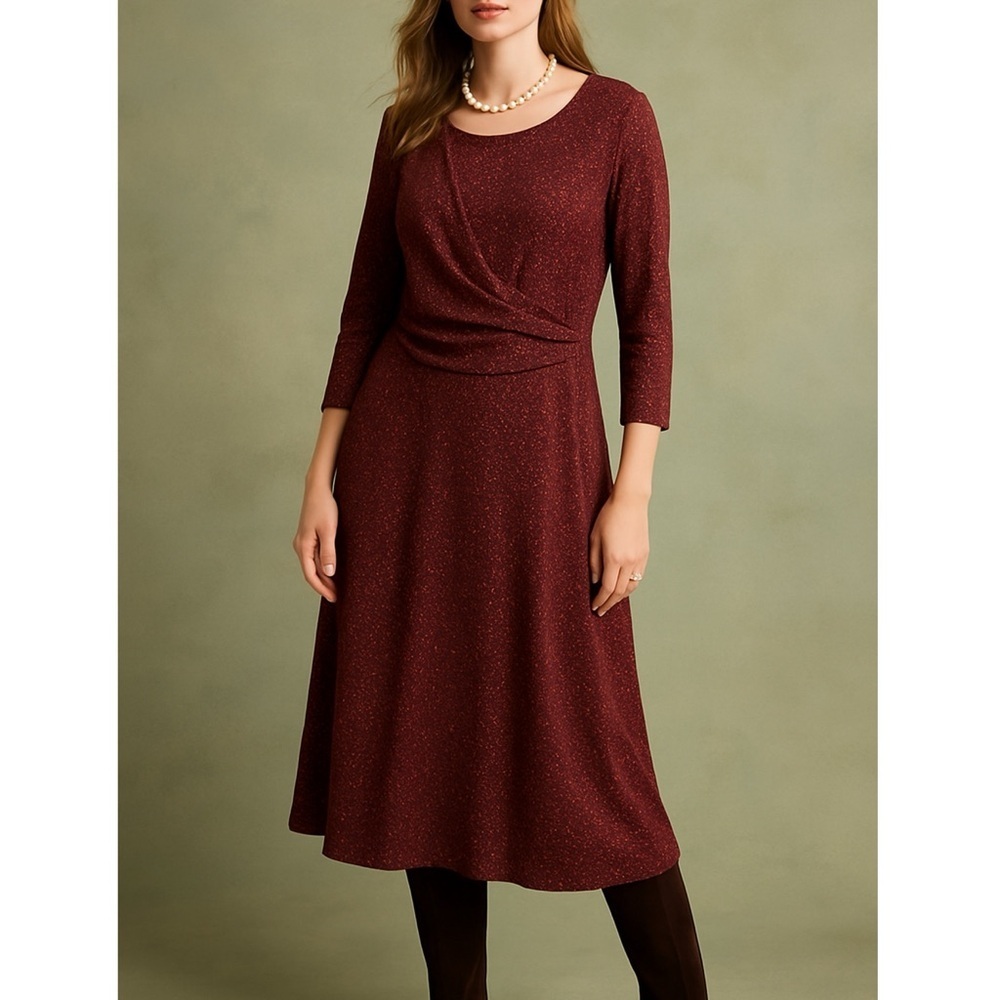 Talbots XL Red Marled Knit Faux Wrap Midi Dress 3/4 Sleeve Classic Cottagecore